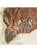 Modlily Dark Coffee Leaf Alloy Earrings and Necklace - One Size