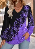 Modlily Purple Tummy Coverage Butterfly Print Long Sleeve Blouse - M