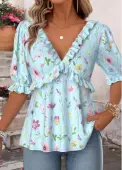 Modlily Light Blue Ruffle Floral Print Half Sleeve Blouse - L