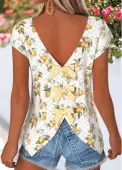 Modlily Light Yellow Tummy Coverage Plants Print T Shirt - S