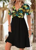 Modlily Black Tummy Coverage Tropical Plants Print Short Dress - L