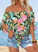 Modlily Multi Color Tummy Coverage Tropical Plants Print Blouse - M