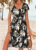 Modlily Black Tummy Coverage Leaf Print Short Sleeve Dress - XXL