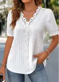 Modlily White Lace Short Sleeve V Neck Blouse - M