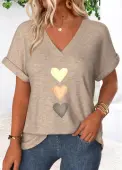 Modlily Light Camel Tummy Coverage Heart Print T Shirt - L