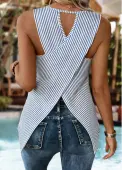 Modlily Blue Tummy Coverage Striped Sleeveless Round Neck Tank Top - S