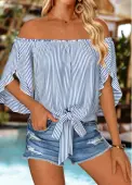 Modlily Blue Tie Striped Half Sleeve Off Shoulder Blouse - S