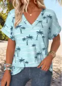 Modlily Blue Tropical Plants Print Short Sleeve T Shirt - M
