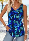 Modlily Dark Blue Tummy Coverage Leaf Print Sleeveless Tank Top - S