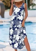 Modlily Navy Tummy Coverage Floral Print Sleeveless V Neck Dress - M