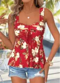 Modlily Red Peplum Floral Print Sleeveless Heart Collar Tank Top - S