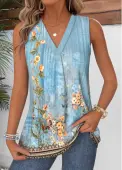 Modlily Dusty Blue Tummy Coverage Random Floral Print Tank Top - XXL