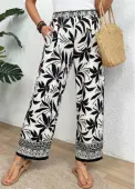 Modlily Black Soft Tropical Plants Print Wide Leg Pants - S