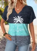 Modlily Dusty Blue Tropical Plants Print Tummy Coverage T Shirt - M