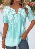 Modlily Cyan Floral Print Tuck Stitch Short Sleeve T Shirt - L