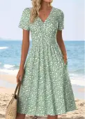 Modlily Light Green Ditsy Floral Print Surplice Short Sleeve Dress - XL