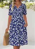 Modlily Navy Floral Print Smocked Short Sleeve Split Neck Dress - M