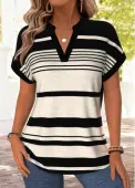Modlily Black Striped Tummy Coverage Short Sleeve Split Neck Blouse - XXL