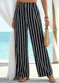 Modlily Black Soft Striped Wide Leg Elastic Waist Pants - L