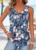 Modlily Dusty Blue Leaf Print Patchwork Sleeveless Tank Top - L