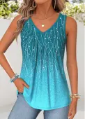 Modlily Turquoise Ombre Patchwork Sleeveless V Neck Tank Top - L