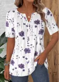 Modlily White Floral Print Tuck Stitch Short Sleeve T Shirt - L