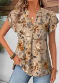 Modlily Light Camel Floral Print Short Sleeve Split Neck Blouse - S