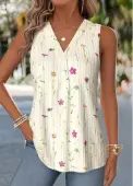 Modlily Beige Floral Print Curved Hem Sleeveless Tank Top - S