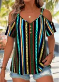 Modlily Multi Color Geometric Print Twist Short Sleeve T Shirt - XL