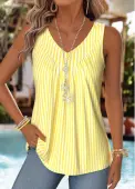 Modlily Light Yellow Striped Patchwork Sleeveless V Neck Tank Top - S