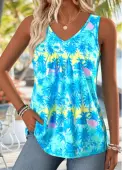 Modlily Cyan Tropical Plants Print Patchwork Sleeveless Tank Top - M