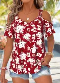 Modlily Wine Red Floral Print Twist Short Sleeve T Shirt - XL