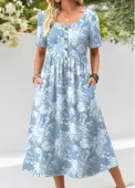 Modlily Light Blue Floral Print Shirred Short Sleeve Dress - M