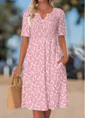 Modlily Pink Floral Print Smocked Short Sleeve Split Neck Dress - M