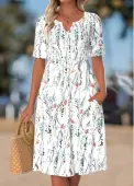 Modlily White Floral Print Smocked Short Sleeve Split Neck Dress - M
