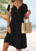Modlily Black Short Tuck Stitch Split Neck Dress - XXL