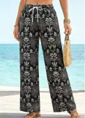 Modlily Black Tribal Print Straight Leg Drawastring High Waisted Pants - S