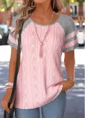 Modlily Light Pink Patchwork Short Sleeve Round Neck T Shirt - M