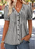 Modlily Black Plaid Tummy Coverage Short Sleeve V Neck Blouse - M