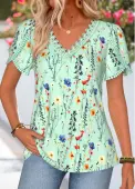 Modlily Green Floral Print Tummy Coverage Short Sleeve T Shirt - M