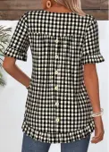 Modlily Black Plaid Frill Short Sleeve Round Neck T Shirt - M