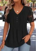 Modlily Black Patchwork Short Sleeve V Neck T Shirt - S