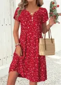 Modlily Red Ditsy Floral Print Short Tuck Stitch Dress - M