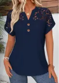 Modlily Navy Tummy Coverage Short Sleeve Split Neck Blouse - XL