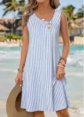 Modlily Blue Striped Asymmetry Sleeveless Asymmetrical Neck Dress - S