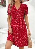 Modlily Red Ditsy Floral Print Short Tuck Stitch Dress - M