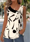 Modlily Beige Geometric Print Patchwork Sleeveless Asymmetrical Neck Tank Top - M