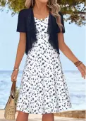 Modlily White Ditsy Floral Print Tummy Coverage Dress and Cardigan - M