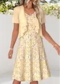 Modlily Light Yellow Ditsy Floral Print Two-piece Dress and Cardigan - S