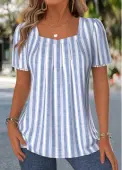 Modlily Blue Striped Pleated Short Sleeve Square Neck T Shirt - M